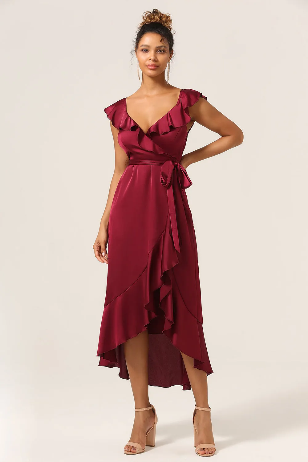 A Line V-Neck Burgundy Bridesmaid Dress with Ruffles sold by Zapaka