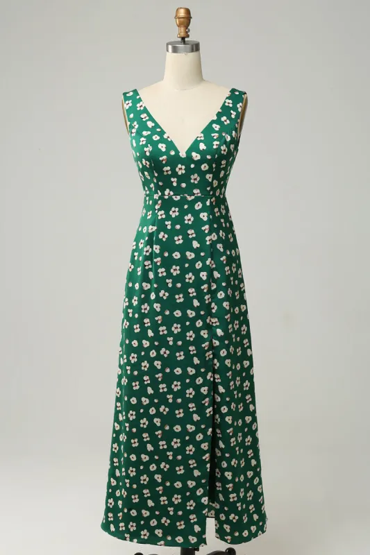 Sheath V Neck Green Bridesmaid Dress with Slit sold by Zapaka
