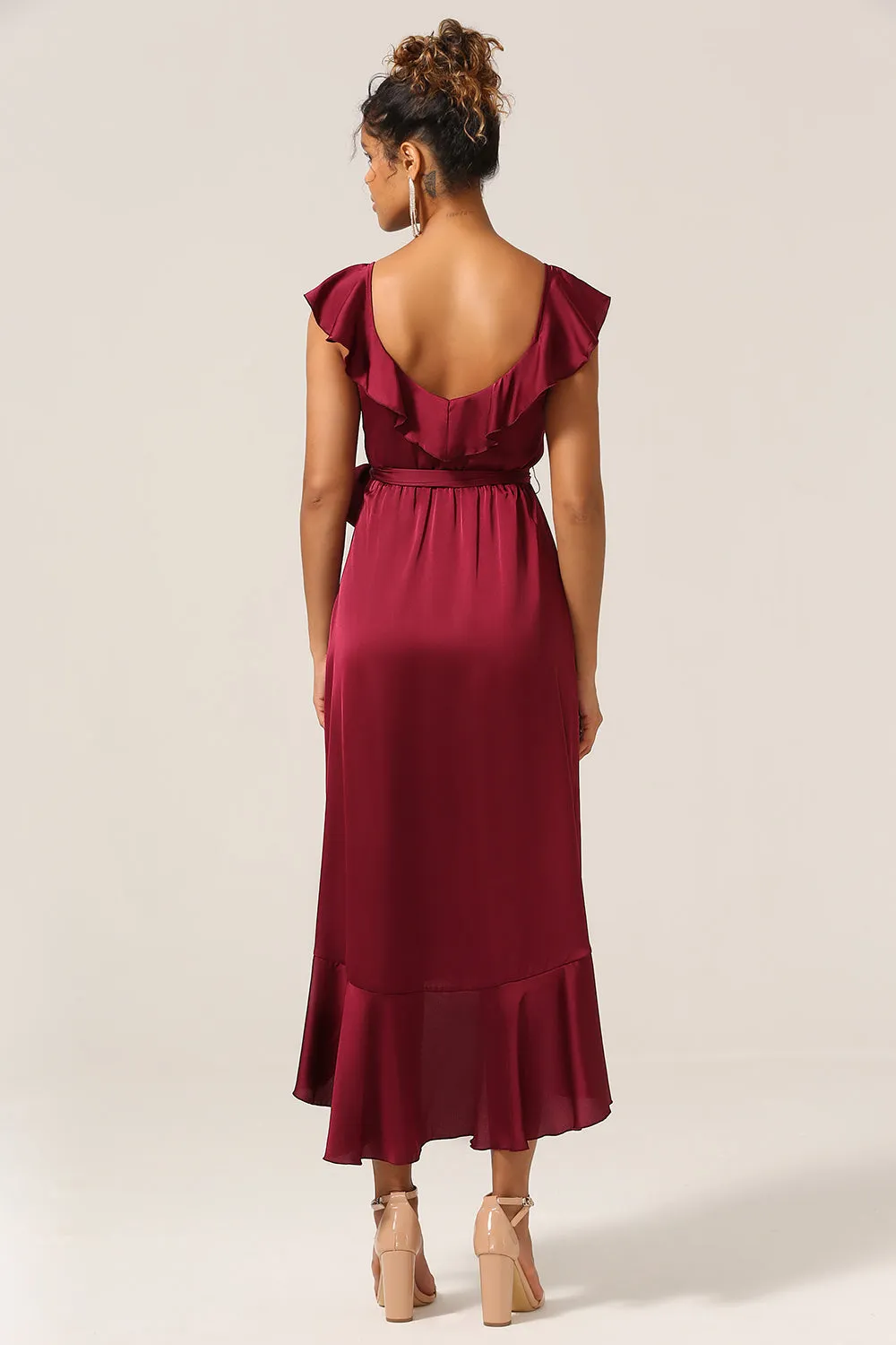 A Line V-Neck Burgundy Bridesmaid Dress with Ruffles sold by Zapaka product image thumbnail 2
