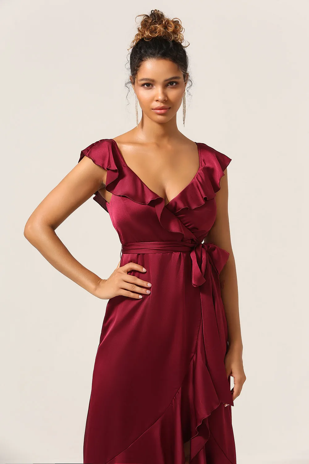 A Line V-Neck Burgundy Bridesmaid Dress with Ruffles sold by Zapaka product image thumbnail 5