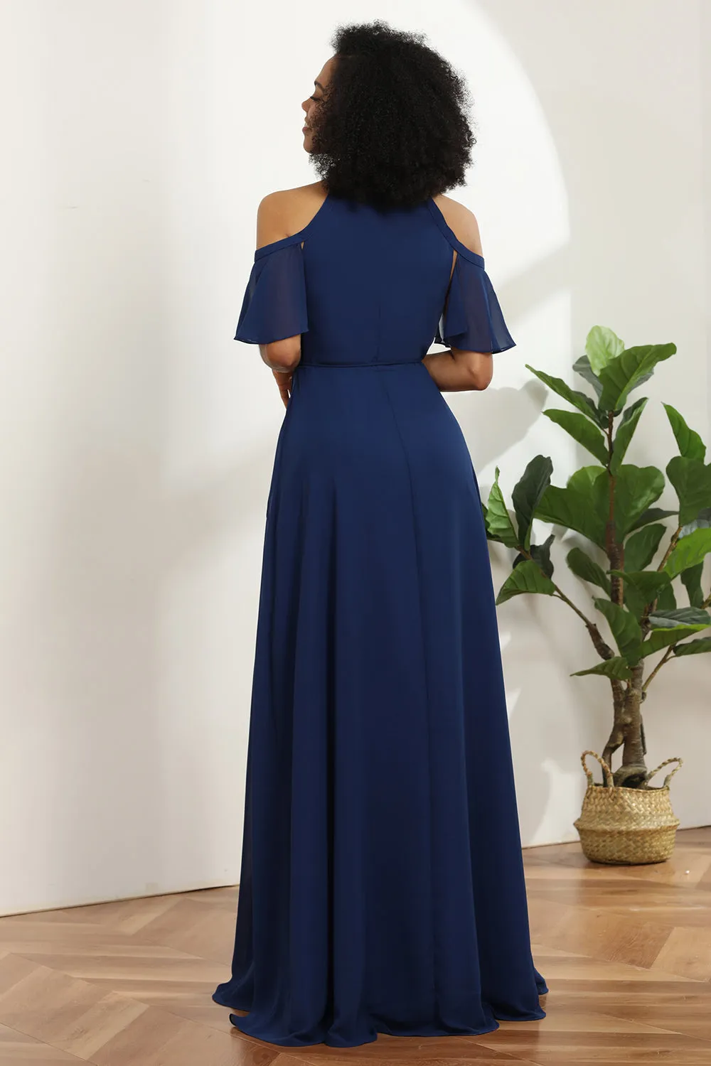 Cold Shoulder Navy Chiffon Bridesmaid Dress with Slit sold by Zapaka product image thumbnail 5