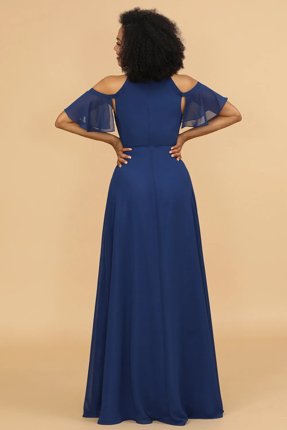 Cold Shoulder Navy Chiffon Bridesmaid Dress with Slit sold by Zapaka product image thumbnail 2