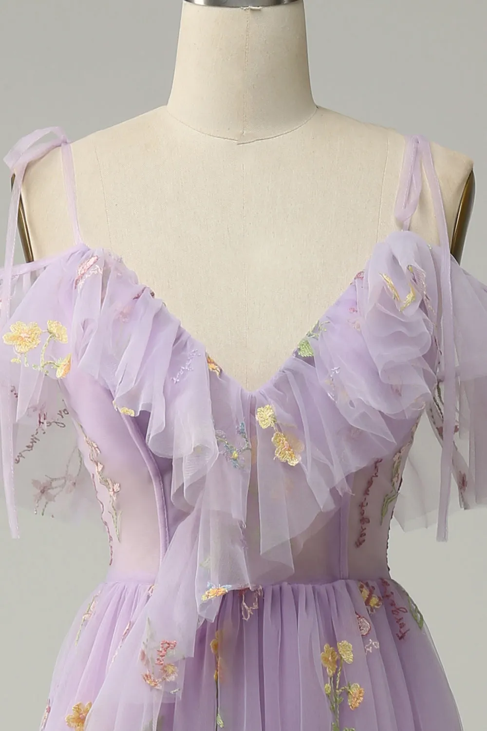 A-Line V-Neck Spaghetti Straps Embroidery Lavender Long Prom Dress with Slit sold by Zapaka product image thumbnail 5