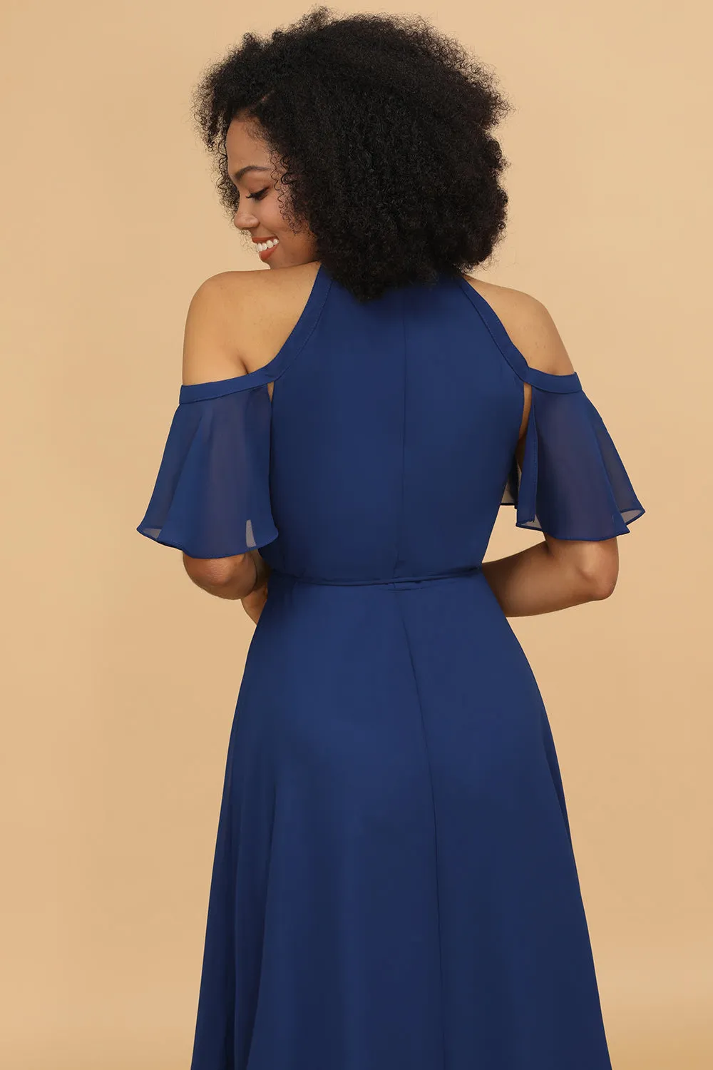 Cold Shoulder Navy Chiffon Bridesmaid Dress with Slit sold by Zapaka product image thumbnail 3