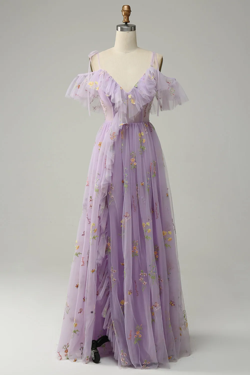 A-Line V-Neck Spaghetti Straps Embroidery Lavender Long Prom Dress with Slit sold by Zapaka