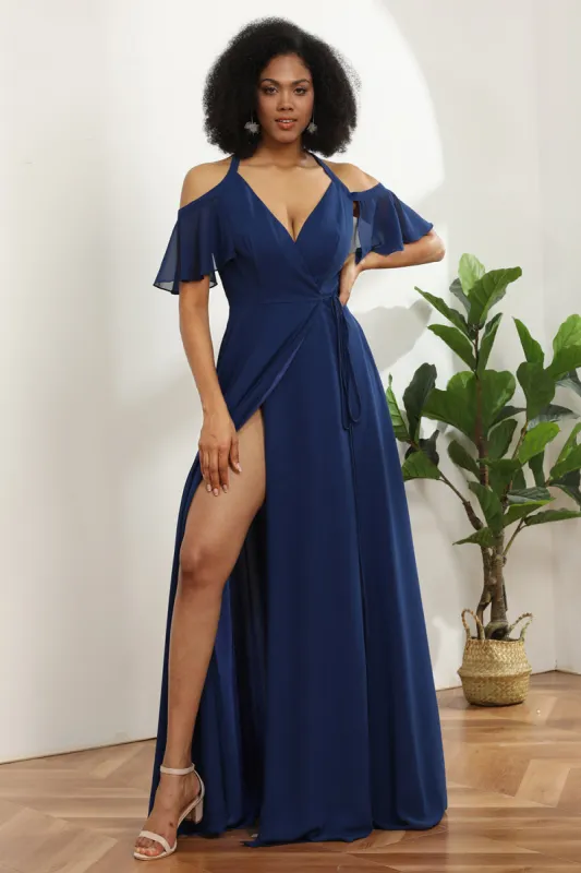 Cold Shoulder Navy Chiffon Bridesmaid Dress with Slit sold by Zapaka