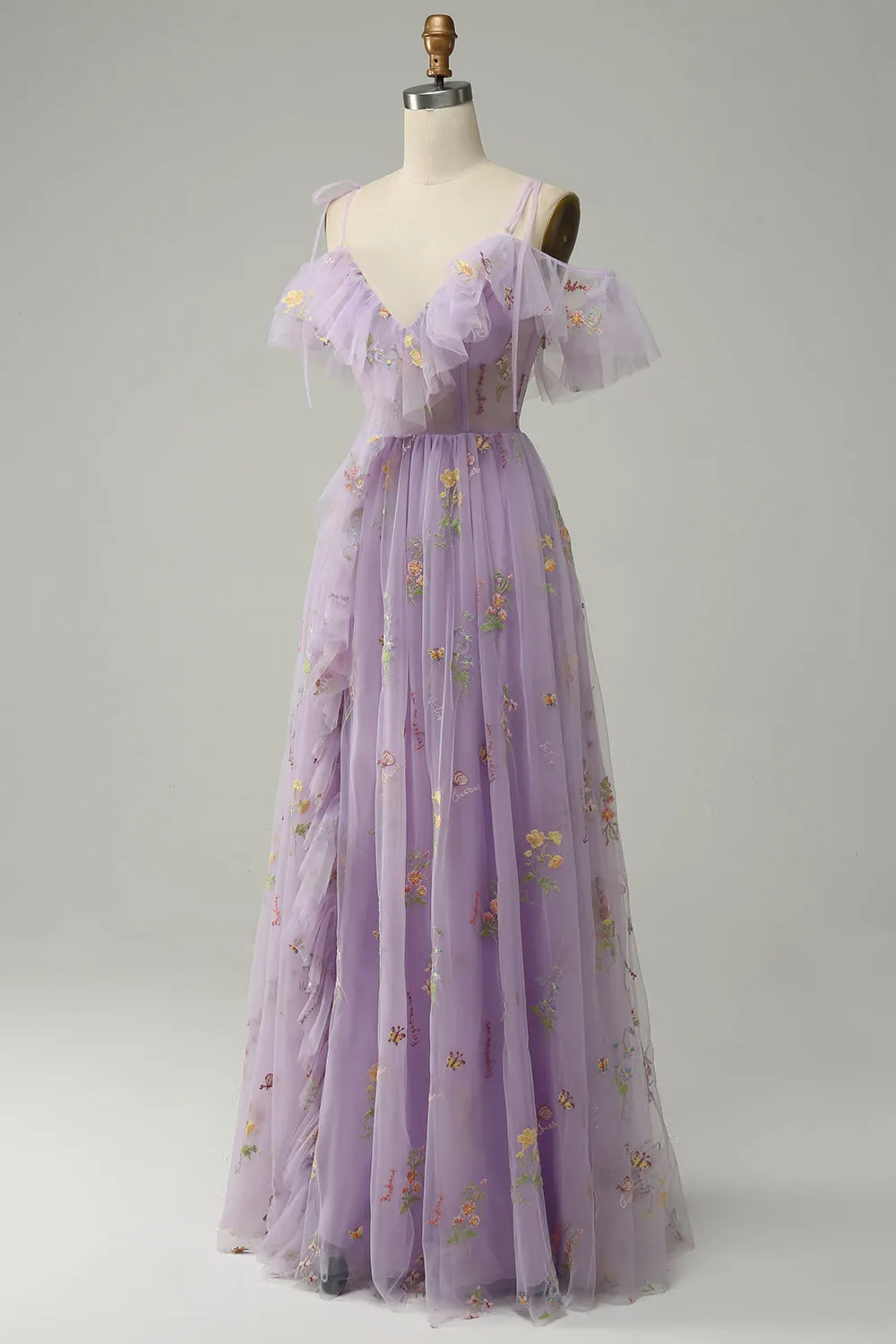 A-Line V-Neck Spaghetti Straps Embroidery Lavender Long Prom Dress with Slit sold by Zapaka product image thumbnail 4