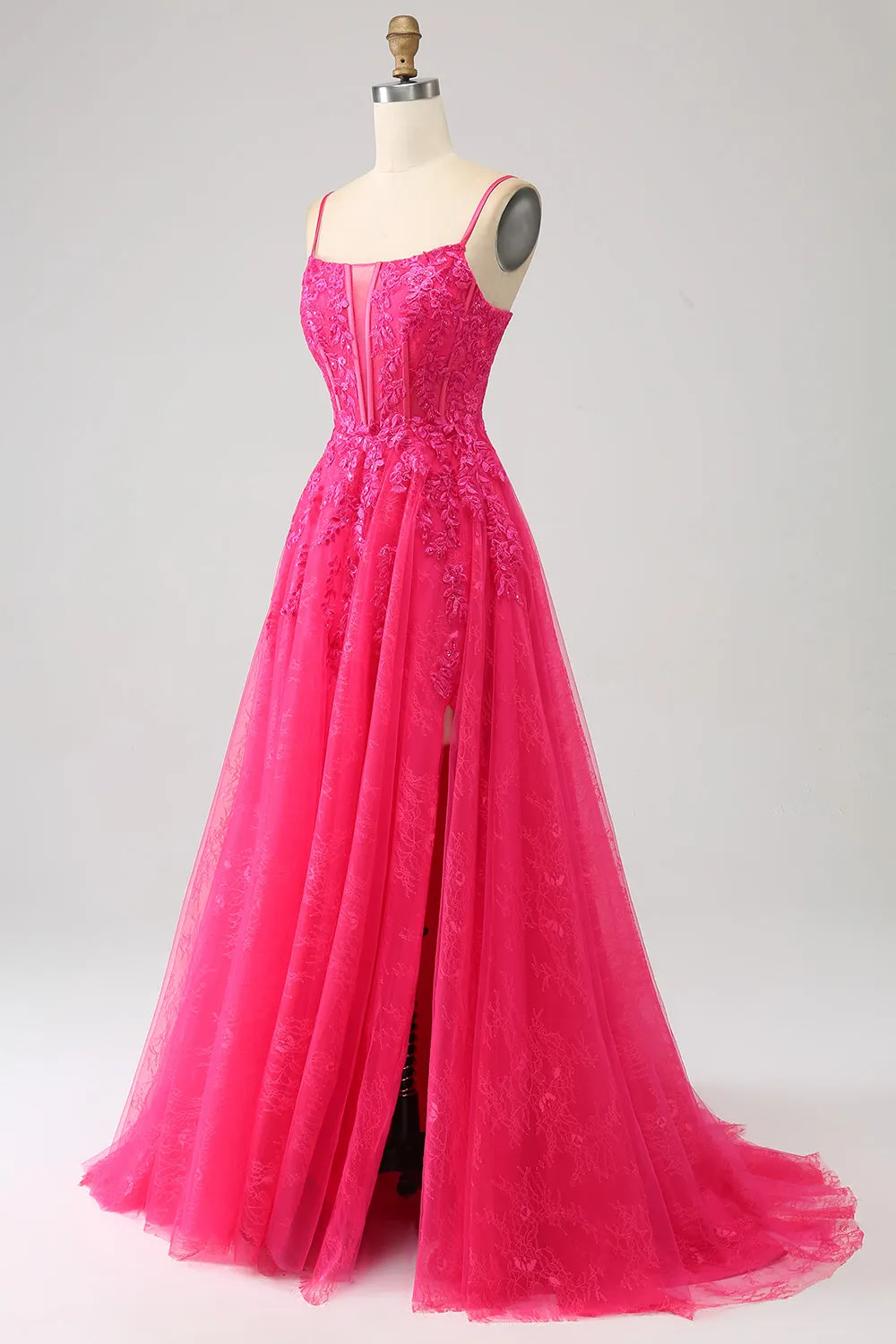 Fuchsia A-Line Corset Lace Long Prom Dress with Slit sold by Zapaka product image thumbnail 3