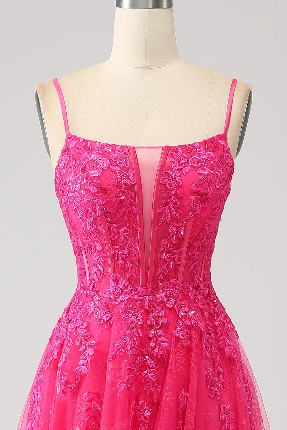 Fuchsia A-Line Corset Lace Long Prom Dress with Slit sold by Zapaka product image thumbnail 4