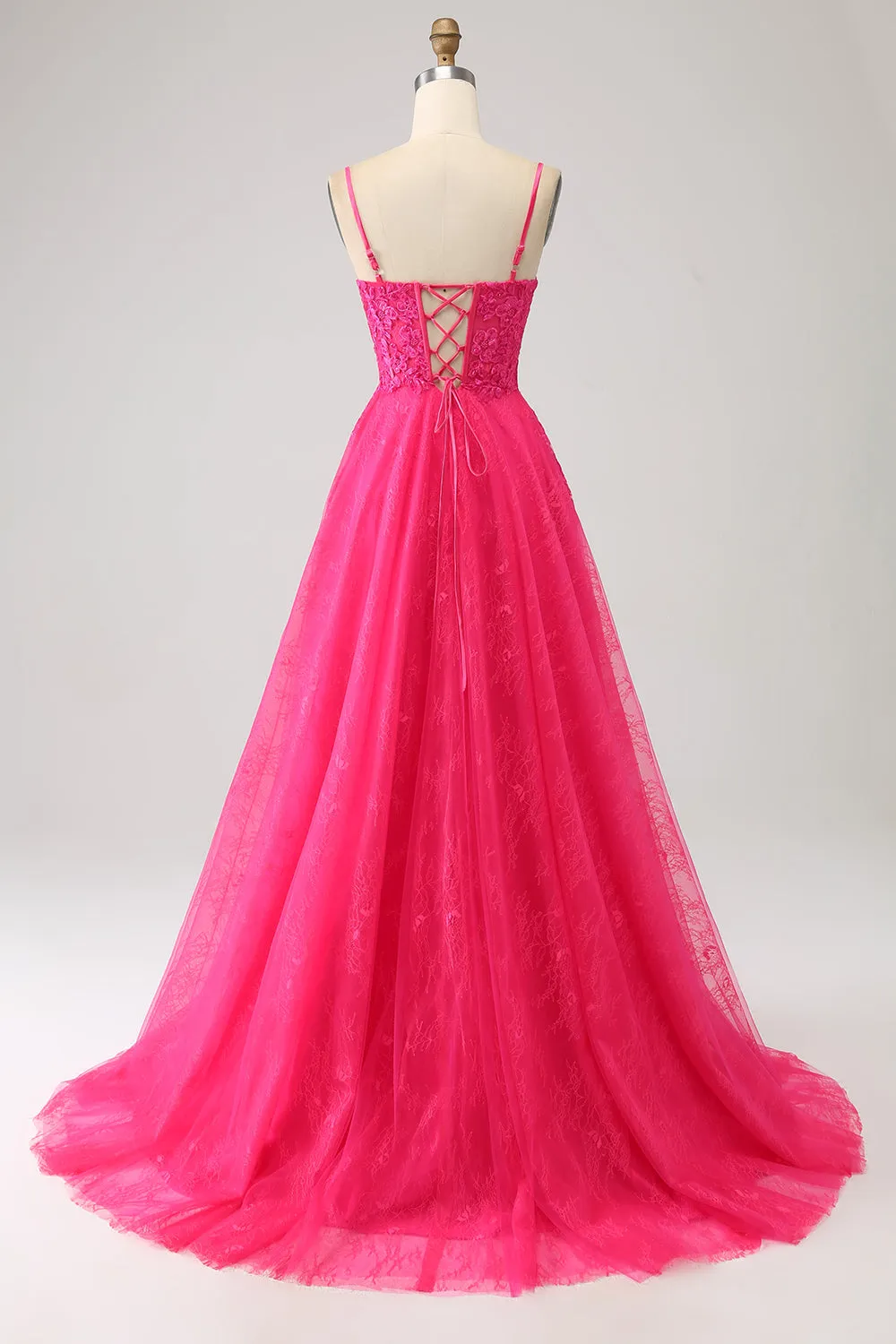 Fuchsia A-Line Corset Lace Long Prom Dress with Slit sold by Zapaka product image thumbnail 2