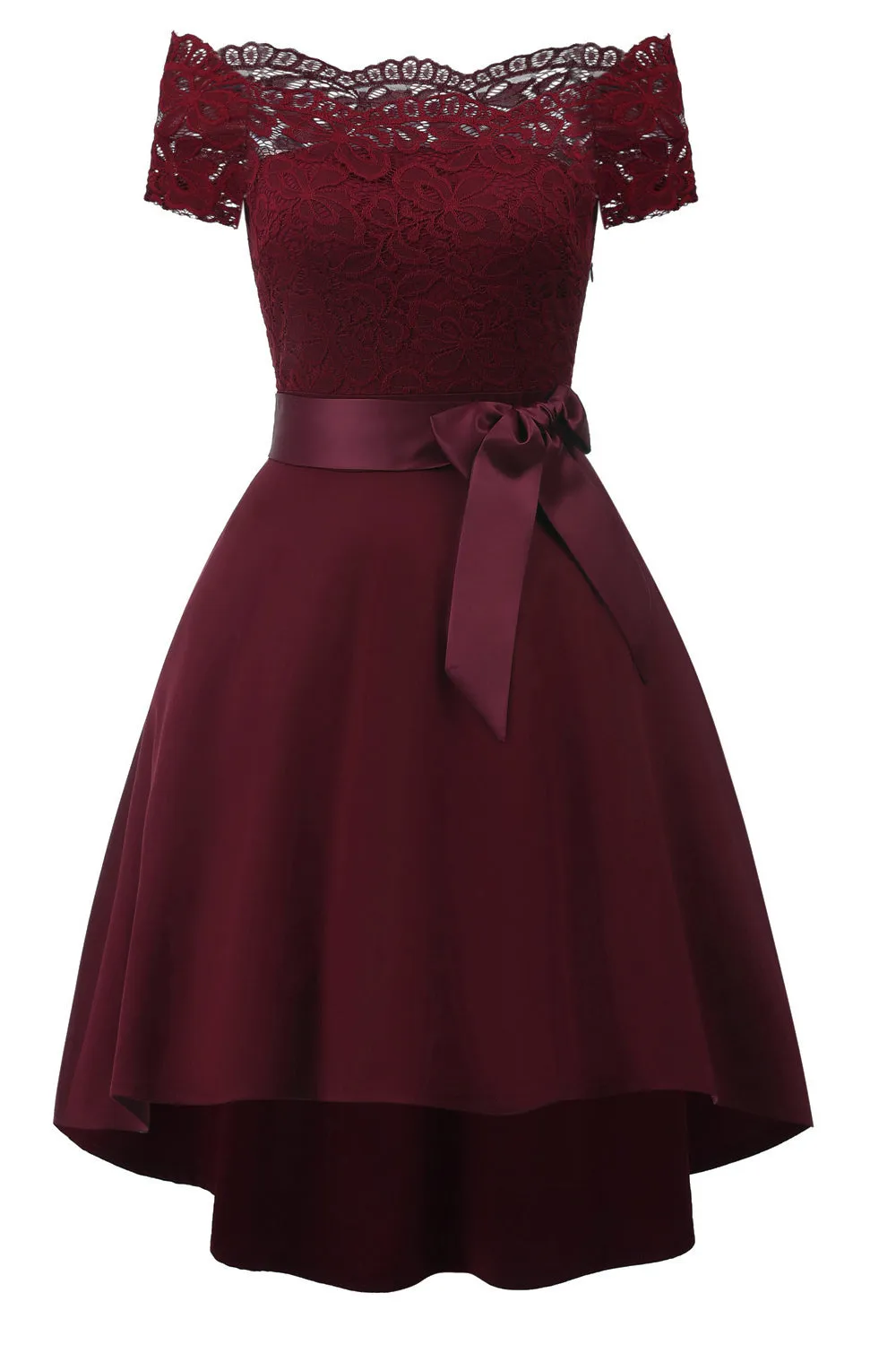 A Line Off the Shoulder Burgundy Lace Dress with Bowknot sold by Zapaka