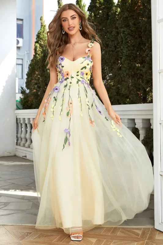 A Line Champagne Spaghetti Straps Prom Dress With 3D Flowers sold by Zapaka