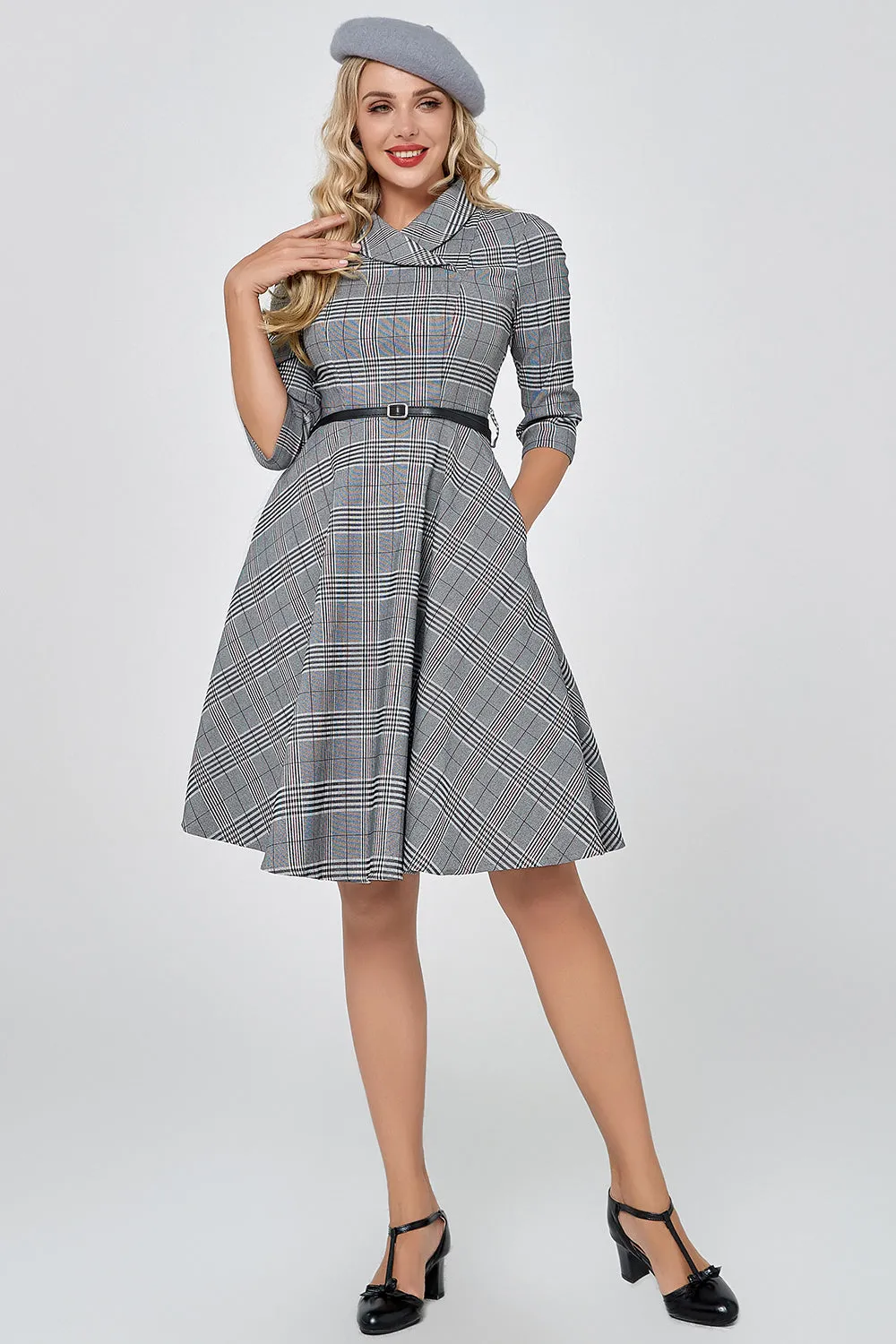 Dark Grey Vintage Plaid 1950s Swing Party Dress with Sleeves sold by Zapaka product image thumbnail 5