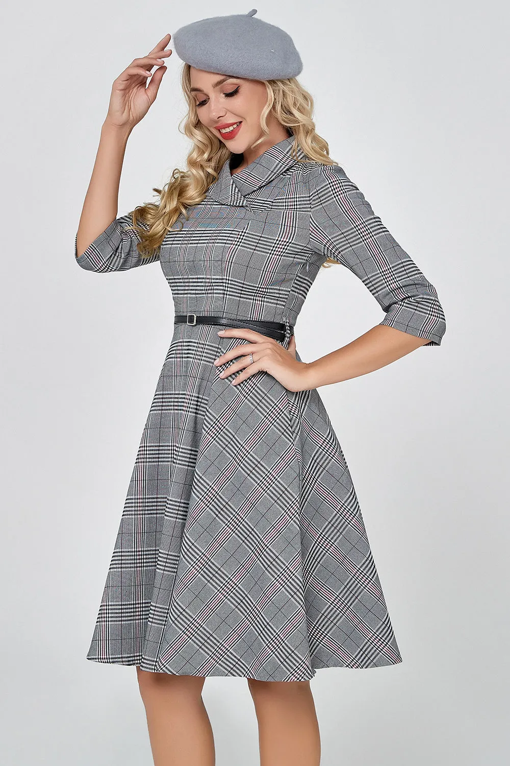 Dark Grey Vintage Plaid 1950s Swing Party Dress with Sleeves sold by Zapaka product image thumbnail 3