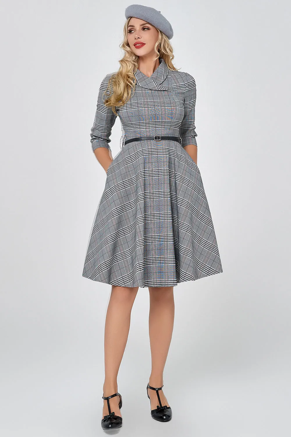 Dark Grey Vintage Plaid 1950s Swing Party Dress with Sleeves sold by Zapaka product image thumbnail 4