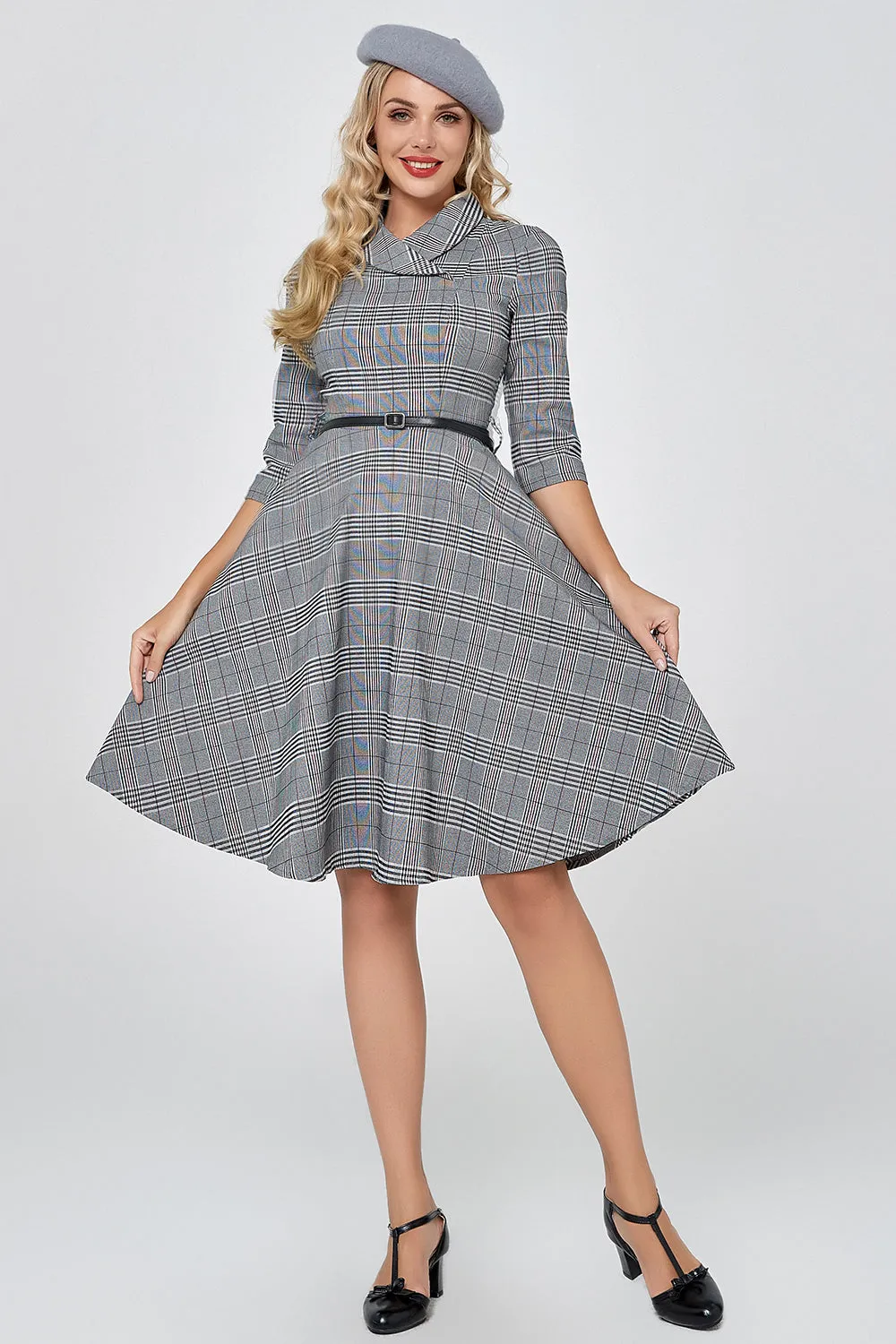 Dark Grey Vintage Plaid 1950s Swing Party Dress with Sleeves sold by Zapaka