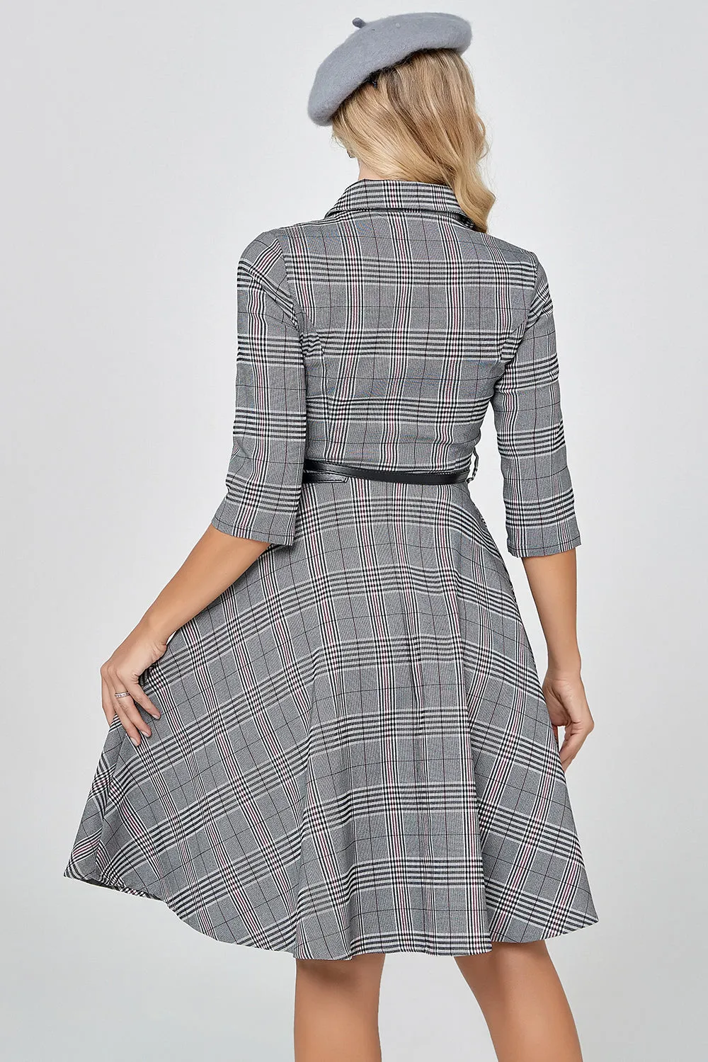 Dark Grey Vintage Plaid 1950s Swing Party Dress with Sleeves sold by Zapaka product image thumbnail 2