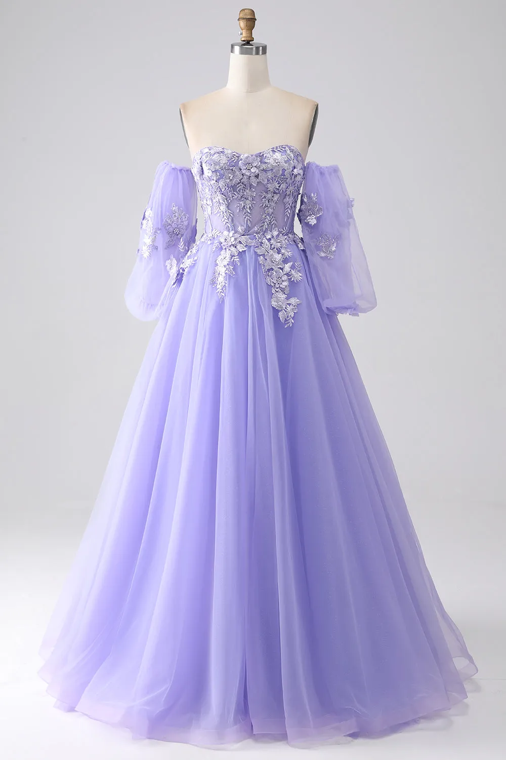 Lavender A-Line Strapless Tulle Long Prom Dress with Sleeves sold by Zapaka