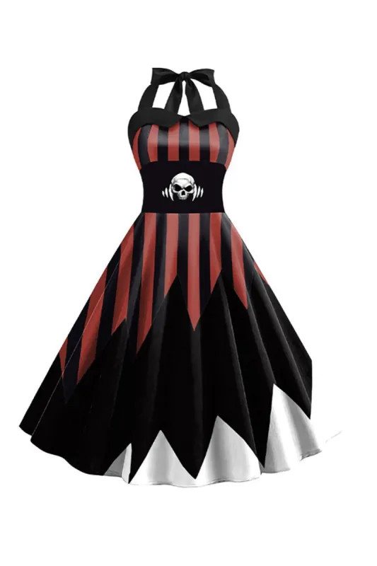 Halloween Skull Printed Halter Black Brown Vintage Dress sold by Zapaka