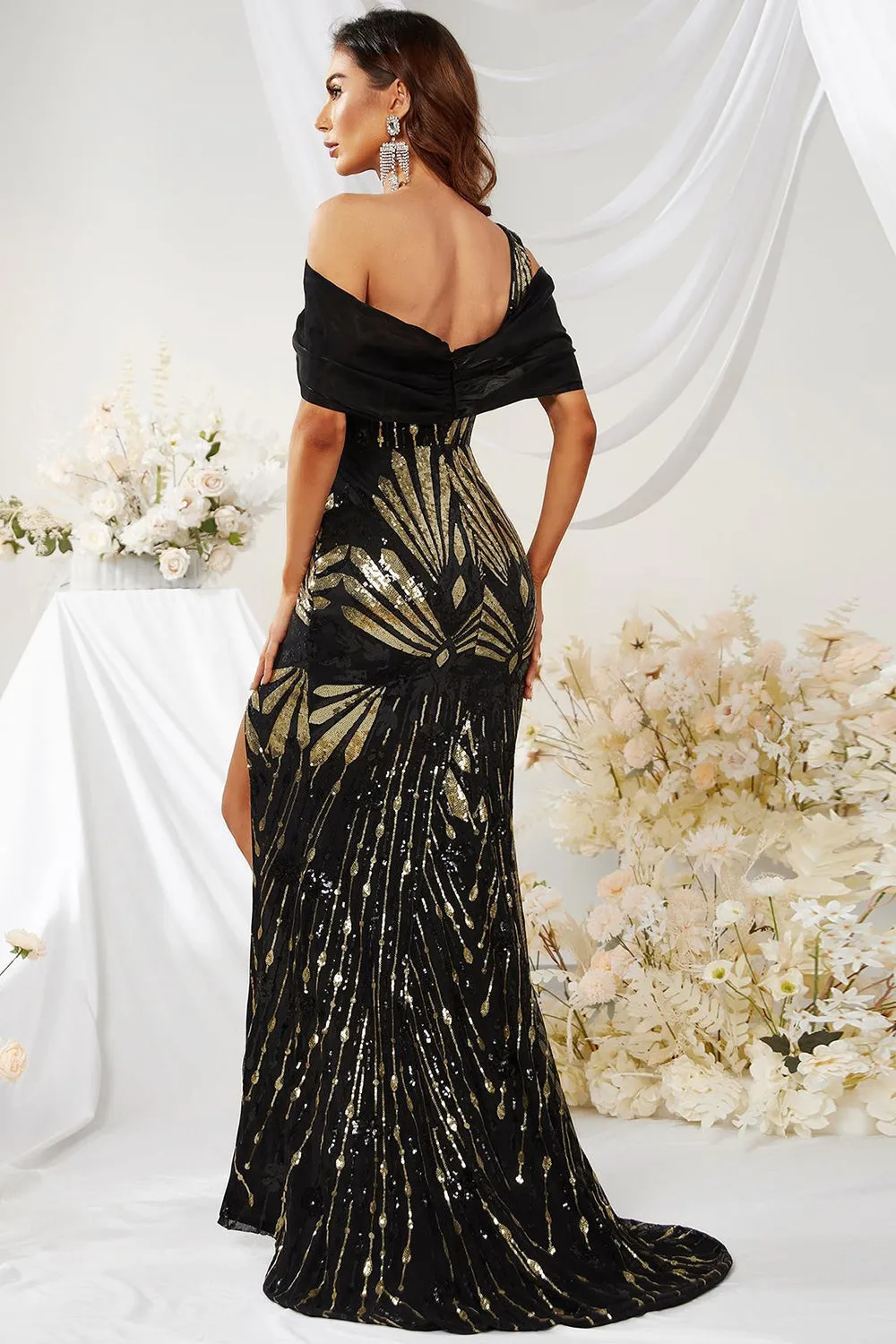 Black Gold Mermaid One Shoulder Sequins Prom Dress with Slit sold by Zapaka product image thumbnail 2