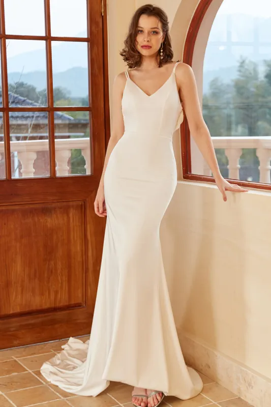 Mermaid Spaghetti Straps White Wedding Dress with Button sold by Zapaka