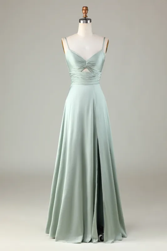 Keyhole Spaghetti Straps Matcha Bridesmaid Dress with Slit sold by Zapaka