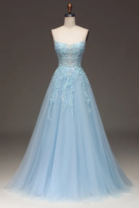 A Line Light Blue Sequin Spaghetti Straps Prom Dress With Appliques sold by Zapaka