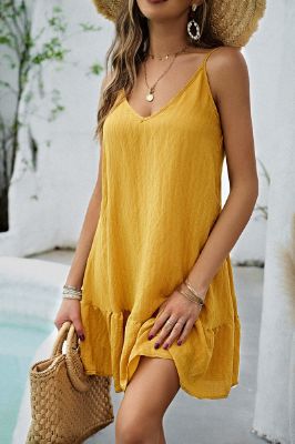 Spaghetti Straps Yellow Short Summer Dress sold by Zapaka