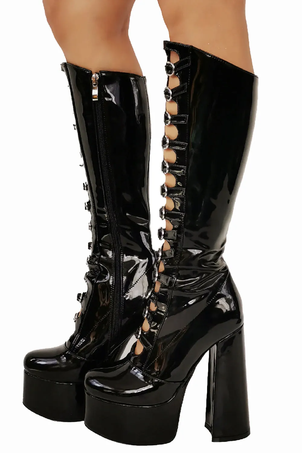 Women's Black Front Hollow Buckle Chunky Heel Knee High Boots sold by Zapaka product image thumbnail 5