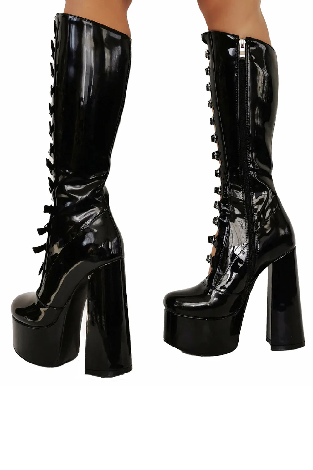 Women's Black Front Hollow Buckle Chunky Heel Knee High Boots sold by Zapaka product image thumbnail 2