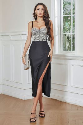 Sparkly Sheath Beaded Little Black Dress with Slit sold by Zapaka