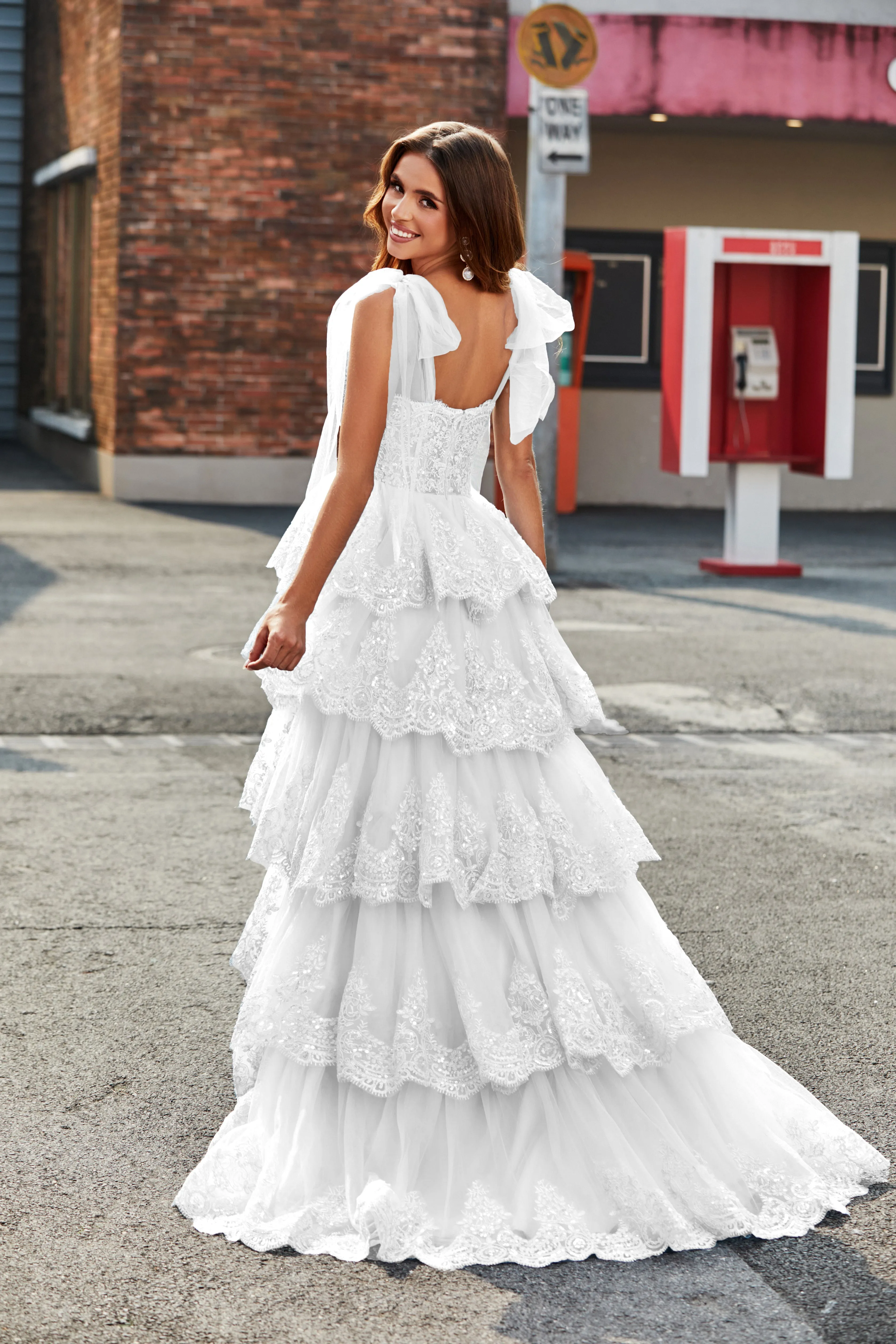 White A-Line Tiered Lace Long Wedding Dress sold by Zapaka product image thumbnail 2