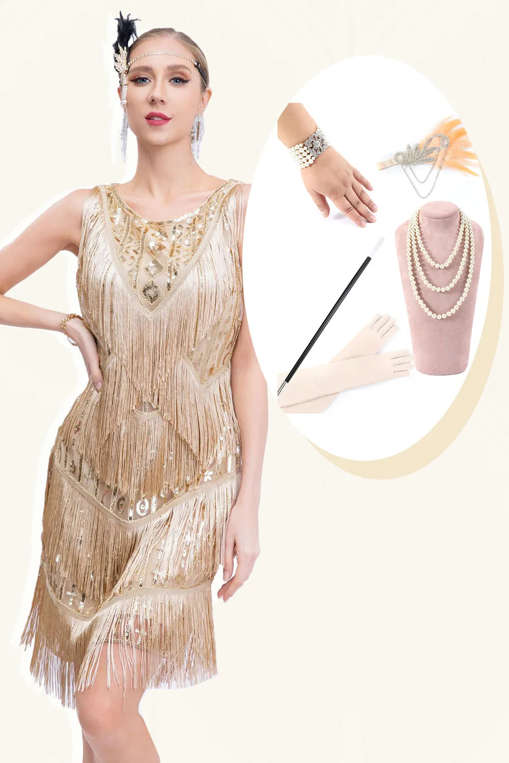 Apricot Fringed 1920s Gatsby Dress with Sequins with 20s Accessories Set sold by Zapaka