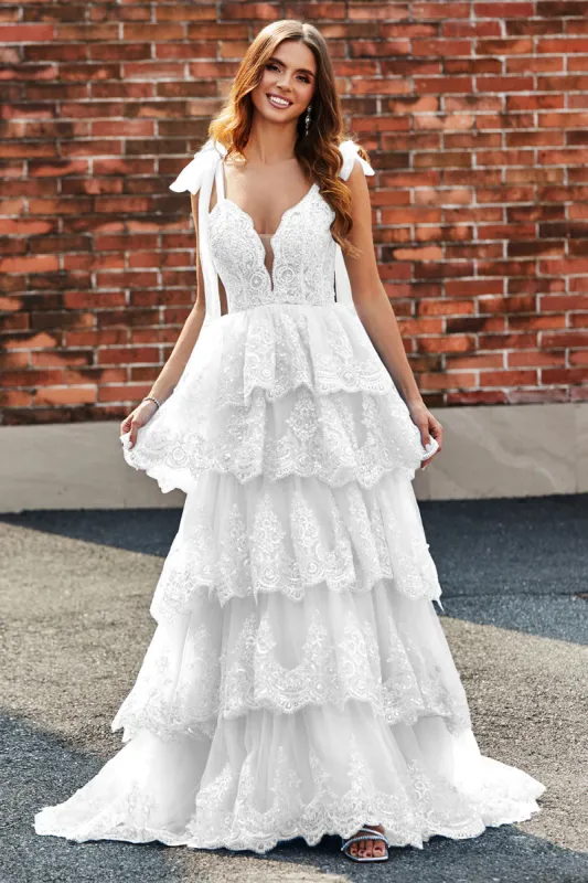 White A-Line Tiered Lace Long Wedding Dress sold by Zapaka