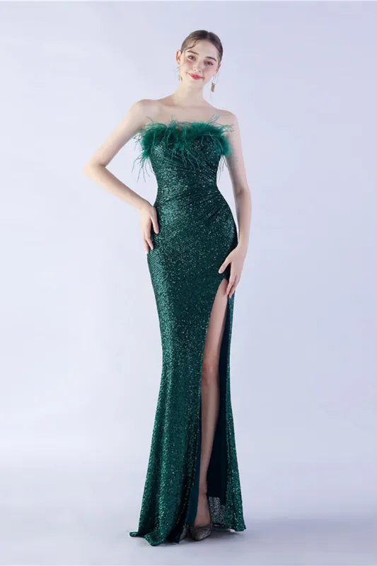 Dark Green Strapless Sequin Sheath Formal Dress with Feather sold by Zapaka