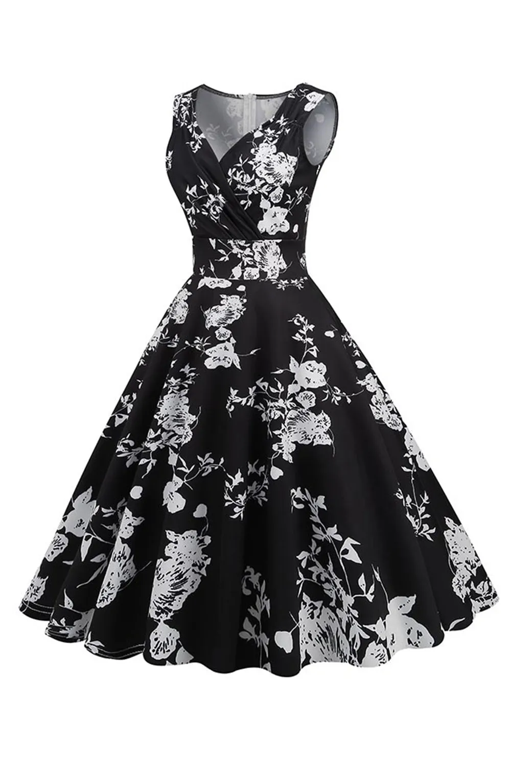 Black V Neck Print Sleeveless 1950s Dress sold by Zapaka product image thumbnail 3