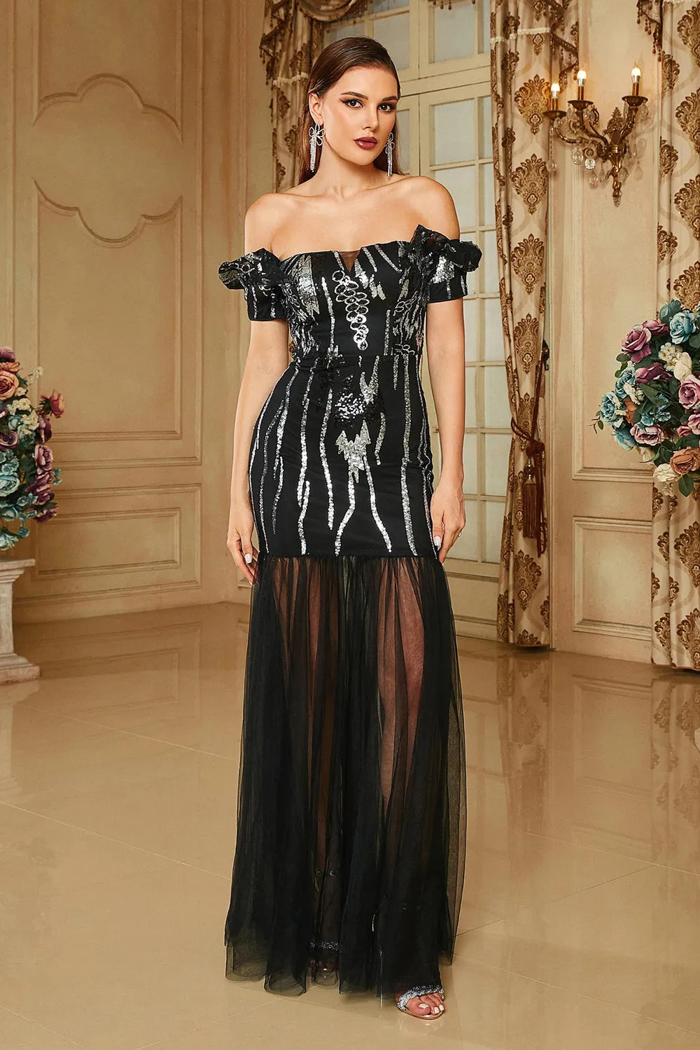 Black Bodycon Off the Shoulder Long Prom Dress sold by Zapaka