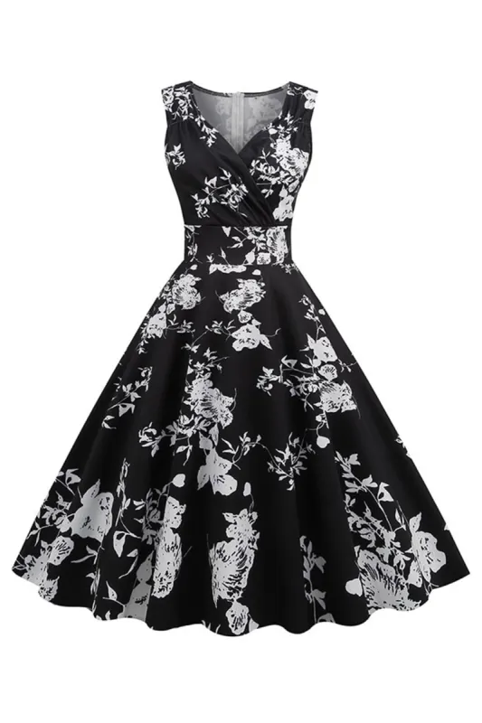 Black V Neck Print Sleeveless 1950s Dress sold by Zapaka