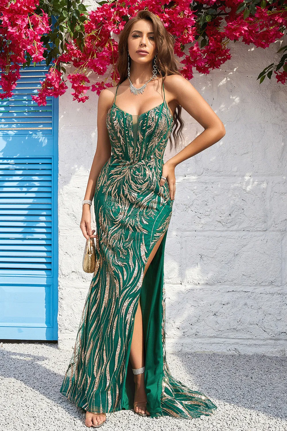Mermaid Spaghetti Straps Dark Green Long Prom Dress with Bronzing sold by Zapaka product image thumbnail 4