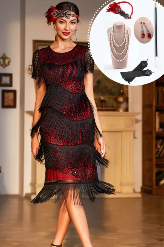 Sparkly Burgundy Sequined 1920s Flapper Dress with 20s Accessories sold by Zapaka