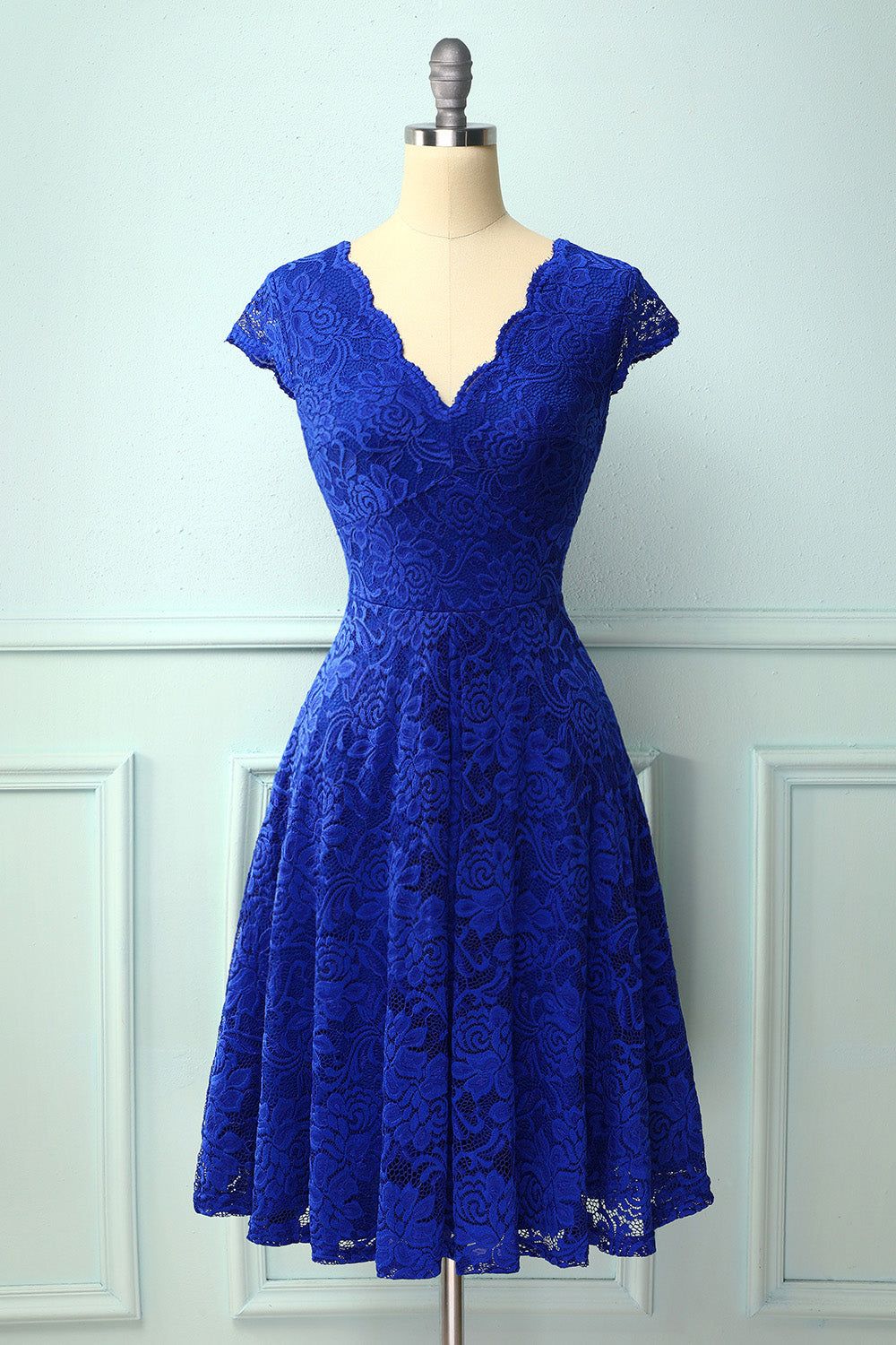 Royal Blue V Neck Midi Lace sold by Zapaka