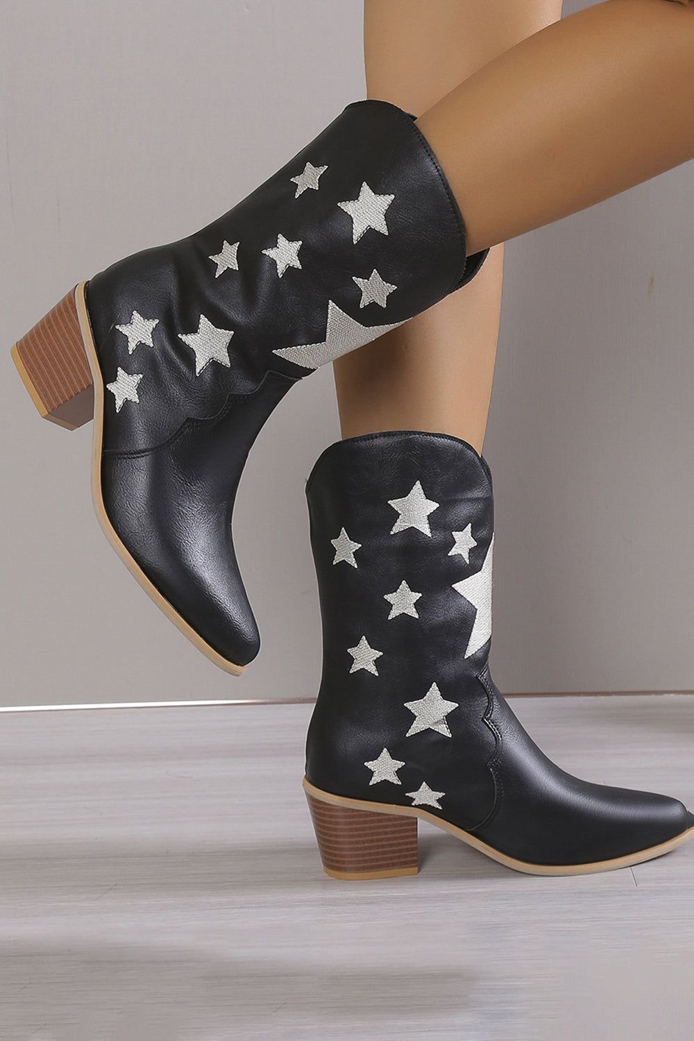 Stars Black Chunky Heel Pointed Toe Western Boots sold by Zapaka product image thumbnail 3