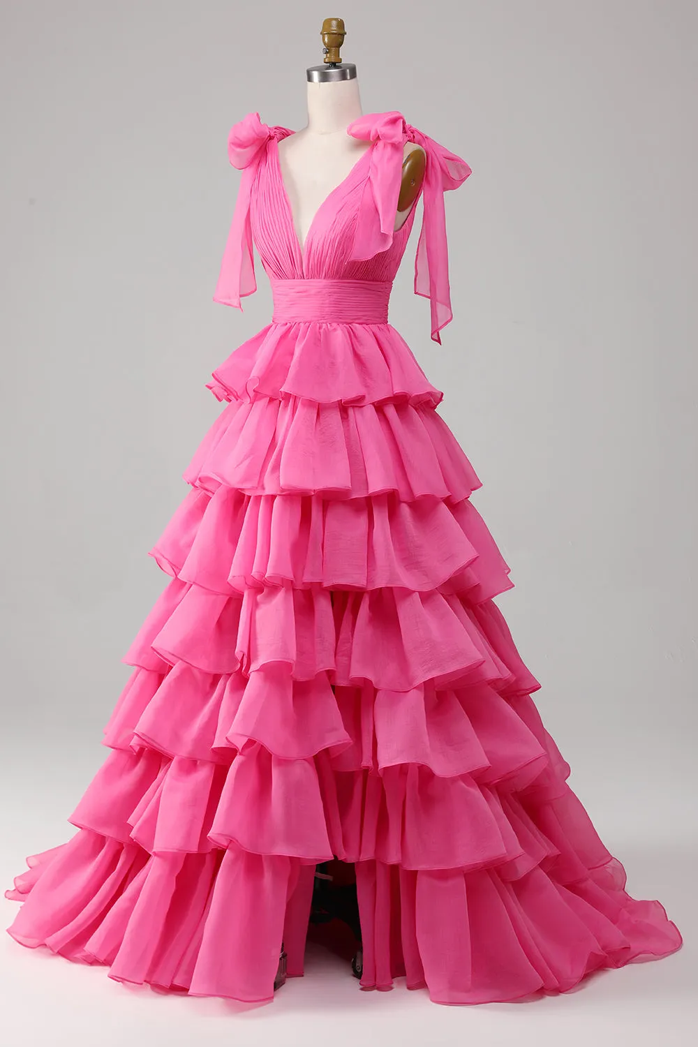 Princess A-Line V-Neck Fuchsia Prom Dress With Slit sold by Zapaka product image thumbnail 3
