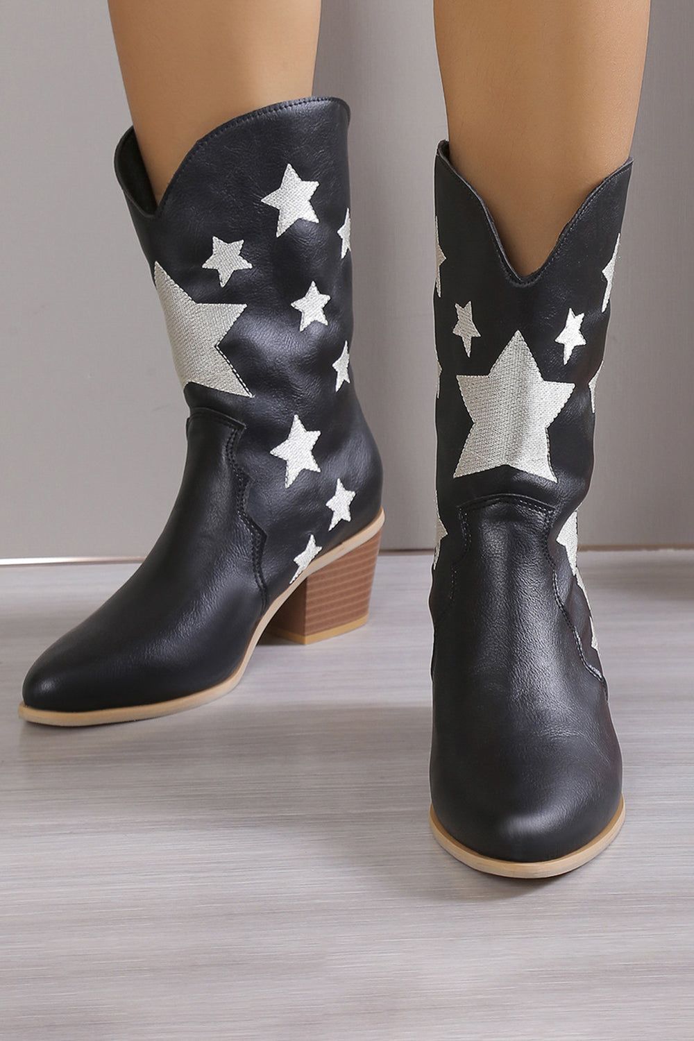 Stars Black Chunky Heel Pointed Toe Western Boots sold by Zapaka product image thumbnail 2