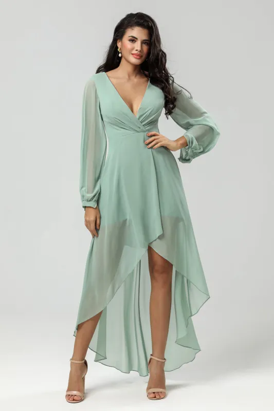 High-low Chiffon A Line Green Bridesmaid Dress with Long Sleeves sold by Zapaka