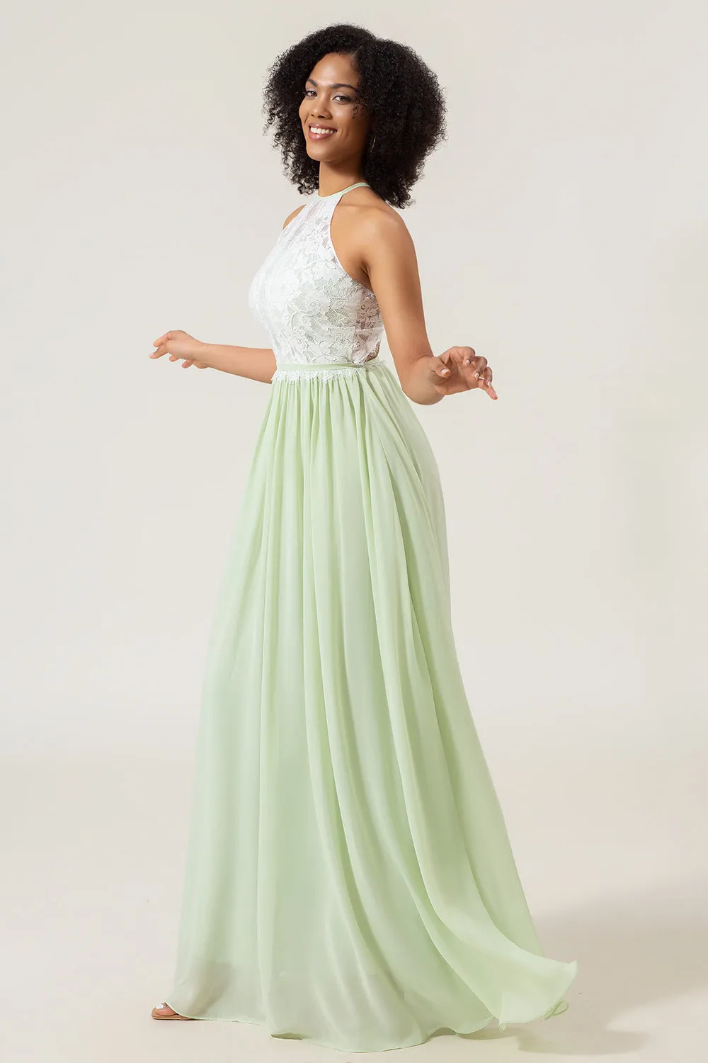 A-Line Halter Neck Dusty Sage Lace and Chiffon Long Bridesmaid Dress sold by Zapaka product image thumbnail 3
