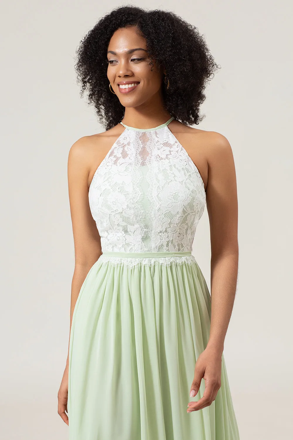 A-Line Halter Neck Dusty Sage Lace and Chiffon Long Bridesmaid Dress sold by Zapaka product image thumbnail 4