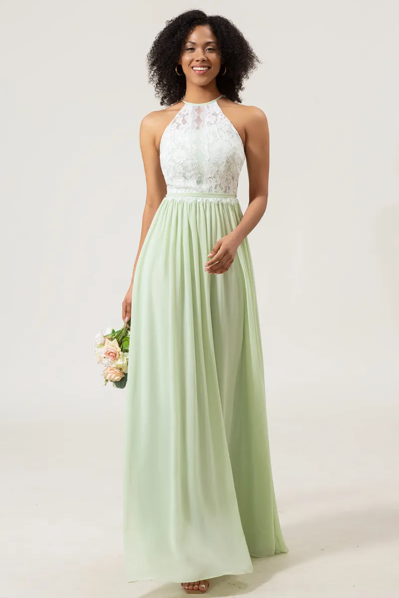 A-Line Halter Neck Dusty Sage Lace and Chiffon Long Bridesmaid Dress sold by Zapaka