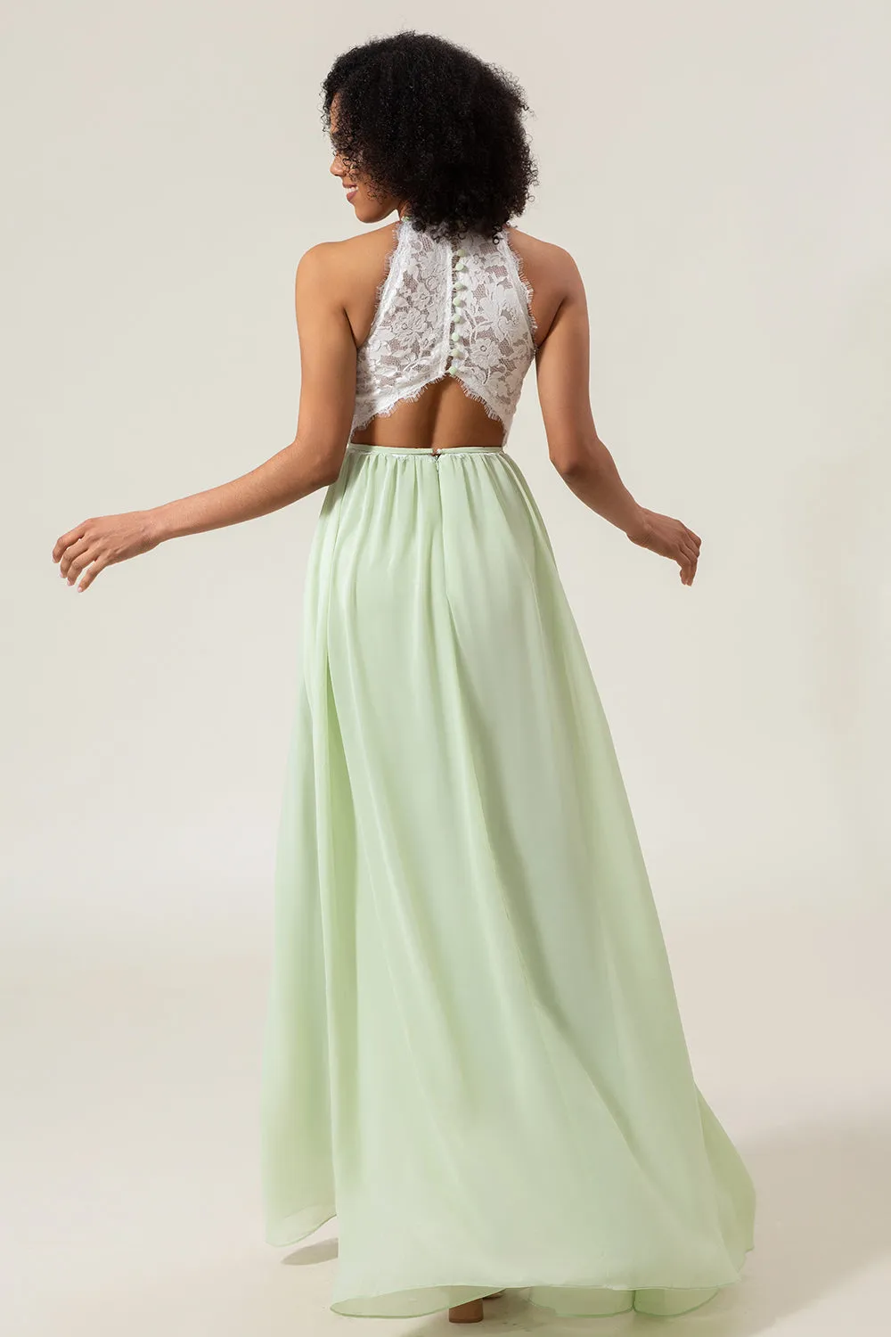 A-Line Halter Neck Dusty Sage Lace and Chiffon Long Bridesmaid Dress sold by Zapaka product image thumbnail 2