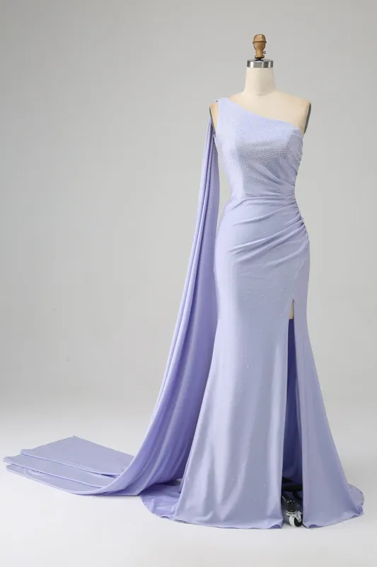 Mermaid Lilac One Shoulder Long Prom Dress with Slit sold by Zapaka